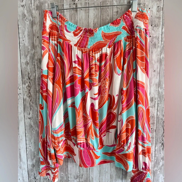 Boston Proper Abstract Floral Off The Shoulder Knit Top Orange Multi - Picture 3 of 5